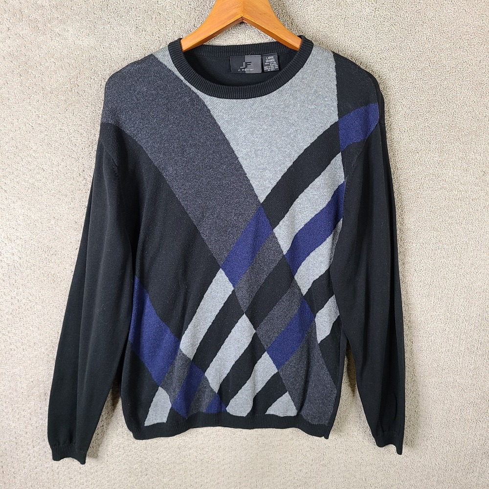 J Ferrar Sweater Mens Large Black Gray‎ Blue Geometric Pullover Crew Neck Cotton